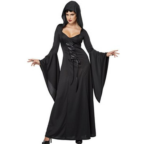 Womens Deluxe Hooded BLACK Vampire Dress Robe Black Halloween Costume Womens Deluxe Hooded BLACK Vampire Dress Robe Black Halloween Costume